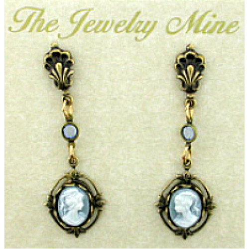 Victorian Style Cameo Drop Earrings - Blue